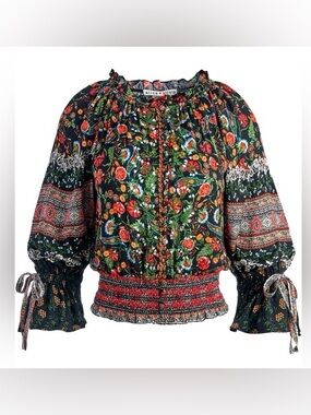 Alice + Olivia Black Multi Floral Peasant Blouse